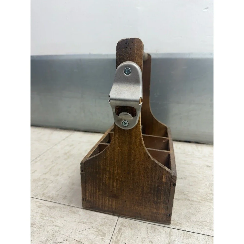 Rustic Wood 6 Bottle Beer Caddy Tote Dual Chalkboard Bottle Opener Carrier